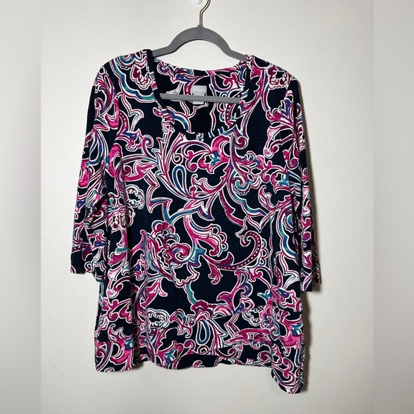 Chico’s Multicolor Paisley Print Cotten Modal Blend Top Boat Neck 3/4 Sleeves XL - Picture 1 of 8
